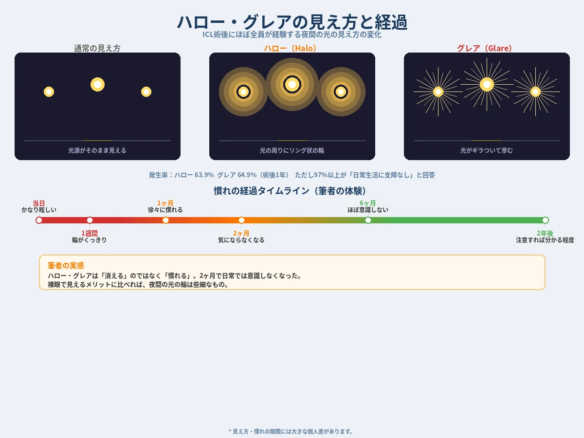 ハロー・グレアの見え方と経過の図解。通常の見え方・ハロー（光の輪）・グレア（光の滲み）の違いと、術後当日から2年後までの慣れのタイムライン