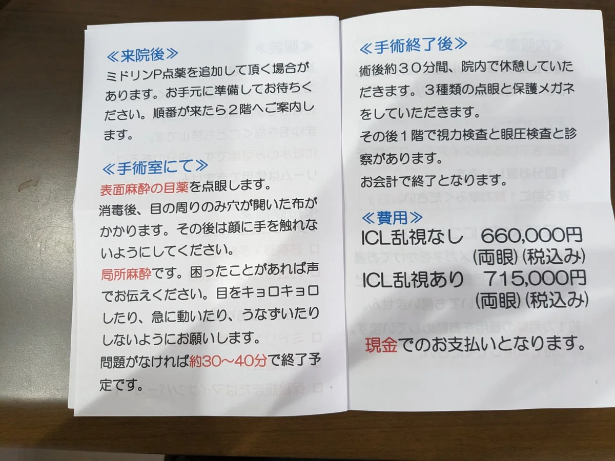 ICL手術当日の説明書。手術室での流れと費用の記載